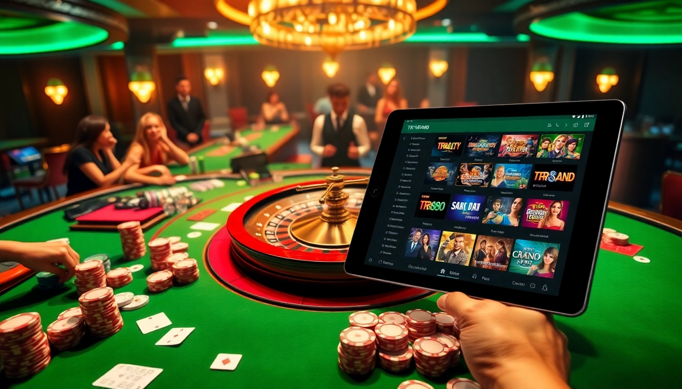 Exciting TR888 casino scene with vibrant tables, roulette wheel, and players engaged in thrilling betting.