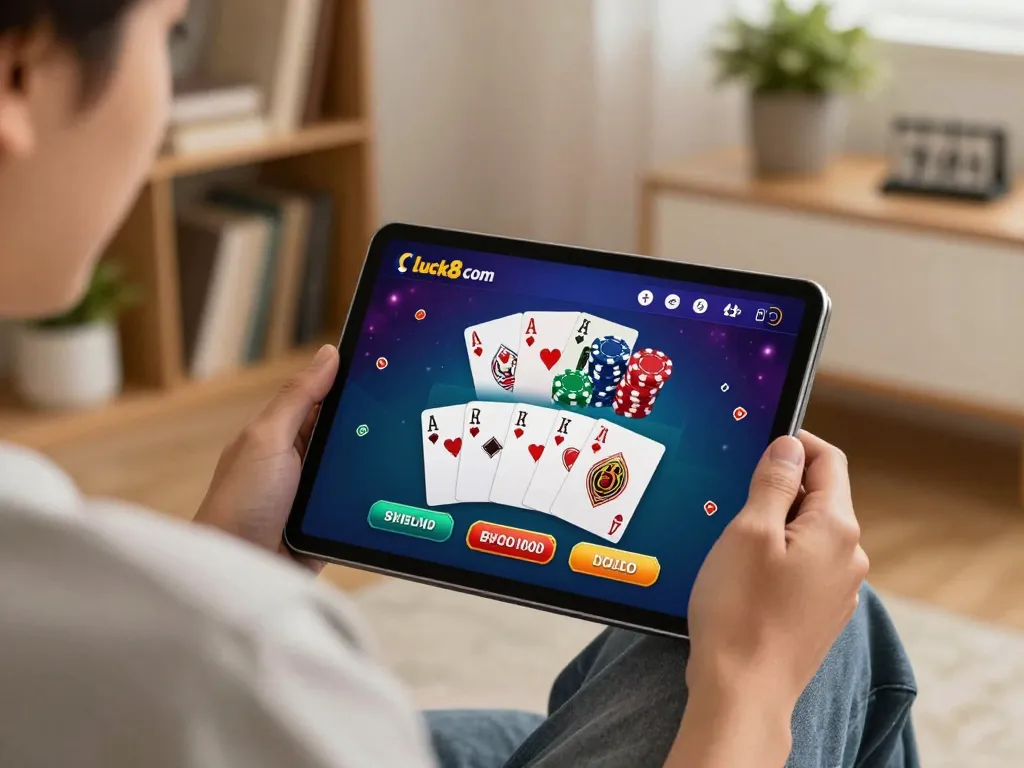 Engaged player using luck8 com on tablet at home, showcasing online gaming atmosphere with strategy elements