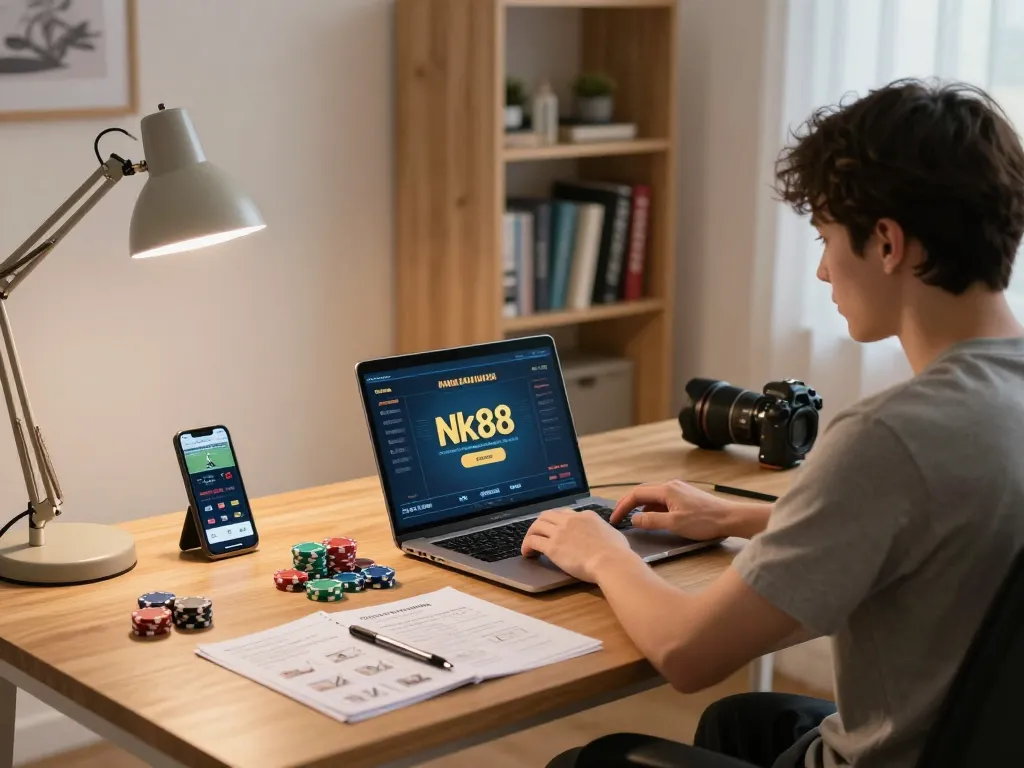 Engaging in online poker gameplay on Nk88 platform in a modern gaming setup.