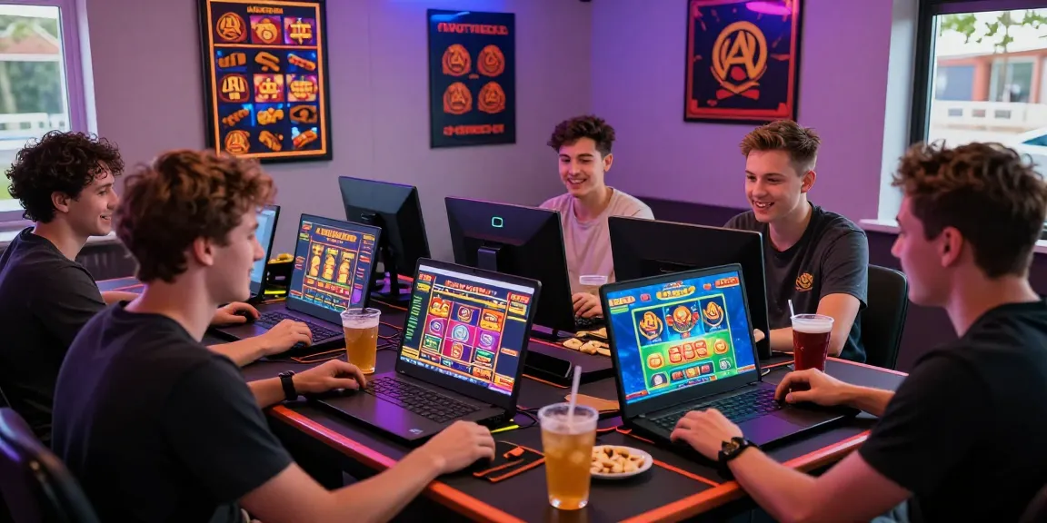Friends engaging with non uk licensed casinos in vibrant gaming room.