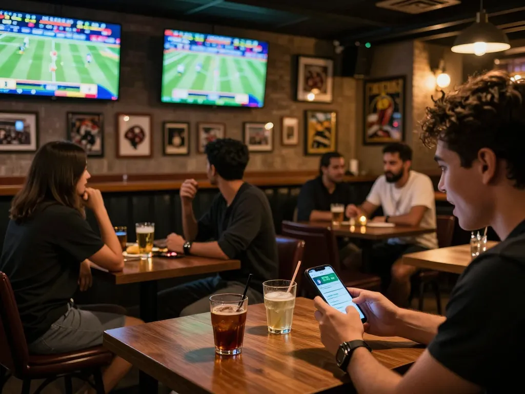 Engaging sports betting moment with kèo nhà cái app on smartphone in a lively sports bar.