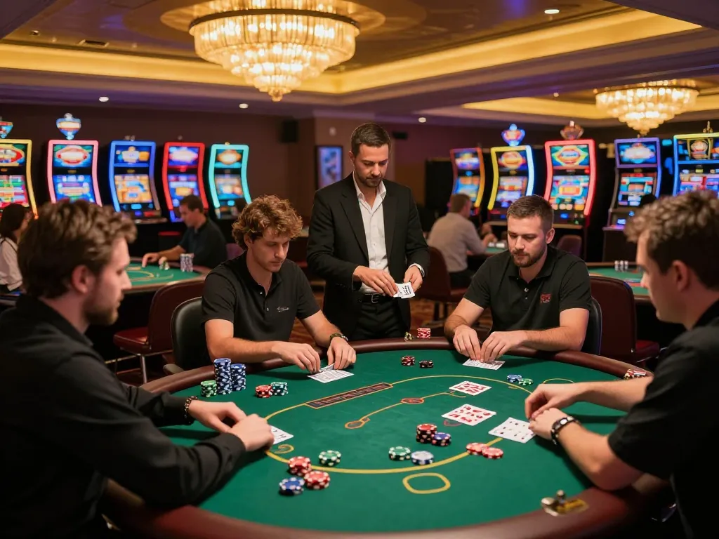 Players engaged in strategic poker gameplay at Sumclub's vibrant casino tables, showcasing thrilling gambling action.