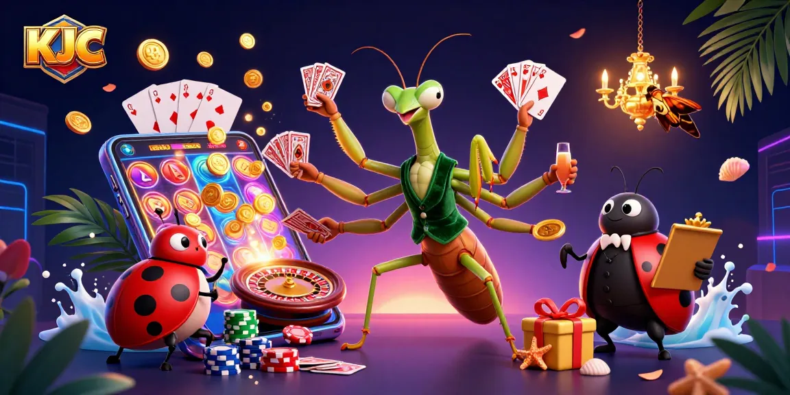 KJC's vibrant online casino scene features a giant praying mantis card sharp and ladybug pit boss in action, bringing excitement.