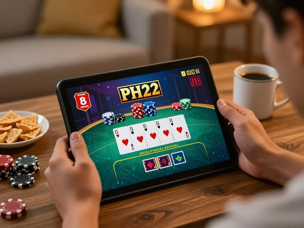PH22 player enjoying live dealer game on tablet in cozy home setting.