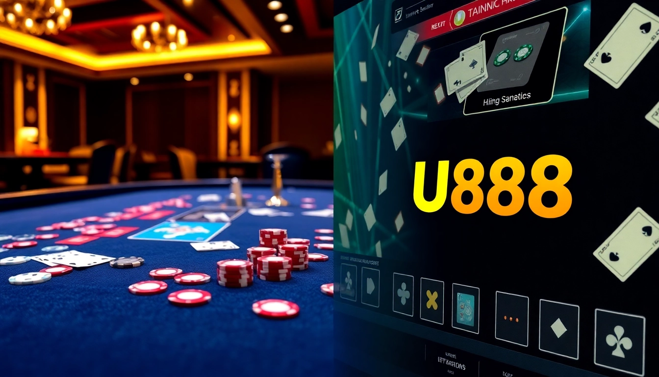 U888 casino chips and cards on a polished poker table, showcasing an exciting game atmosphere.