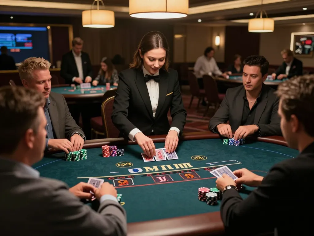 Players at nhà cái onbet enjoying an exciting blackjack game with a professional dealer and engaging atmosphere