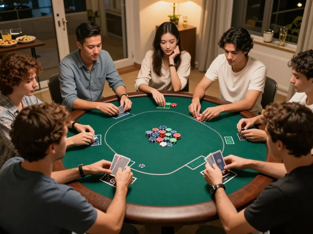Playing poker with friends at home during a lively night, featuring lv88 themed chips and cards.