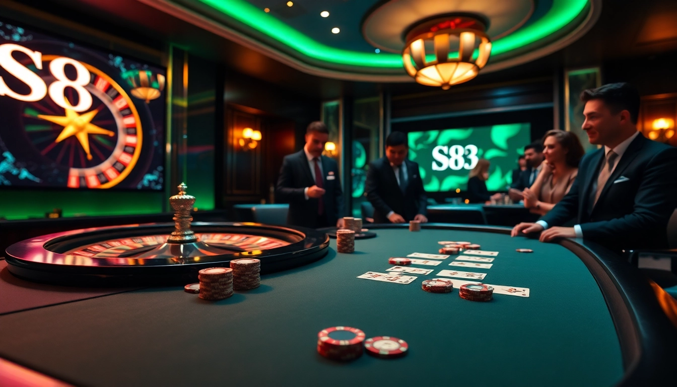 S8 branding featured in a vibrant casino with luxurious poker tables and enthusiastic players.