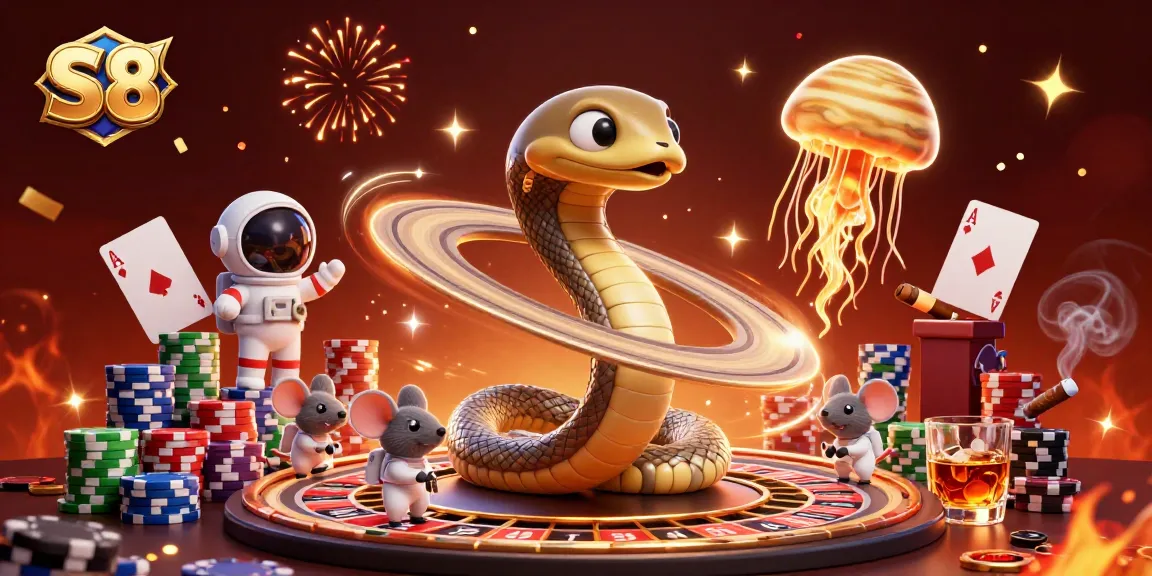 S8 gamers place bets at a cosmic roulette wheel while vibrant lottery games spin in a creative 3D scene.