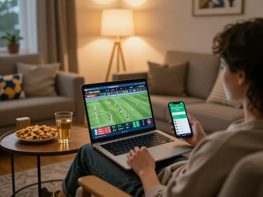 Engaging in ดูบอล with live betting app on smartphone and laptop in relaxing home setting.