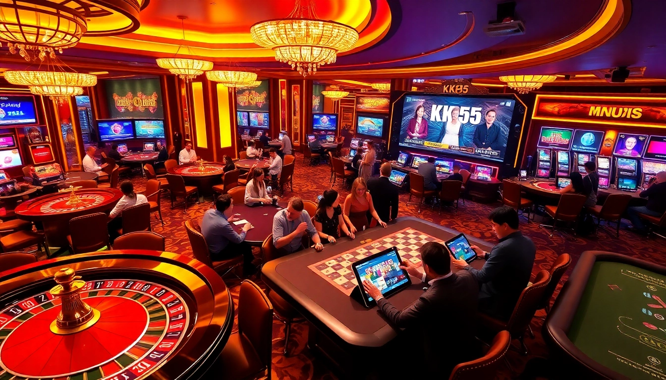 Jogadores aproveitando jogos no cassino https://kk55.global/, com mesas de roleta e pôquer em um ambiente vibrante.