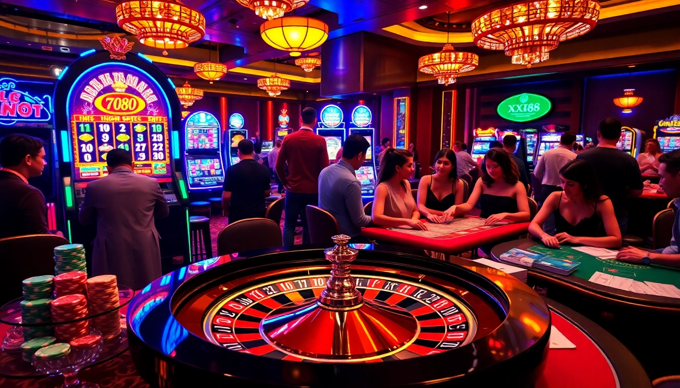 Exciting casino scene showcasing gamblers at the XX88 roulette wheel and slot machines.