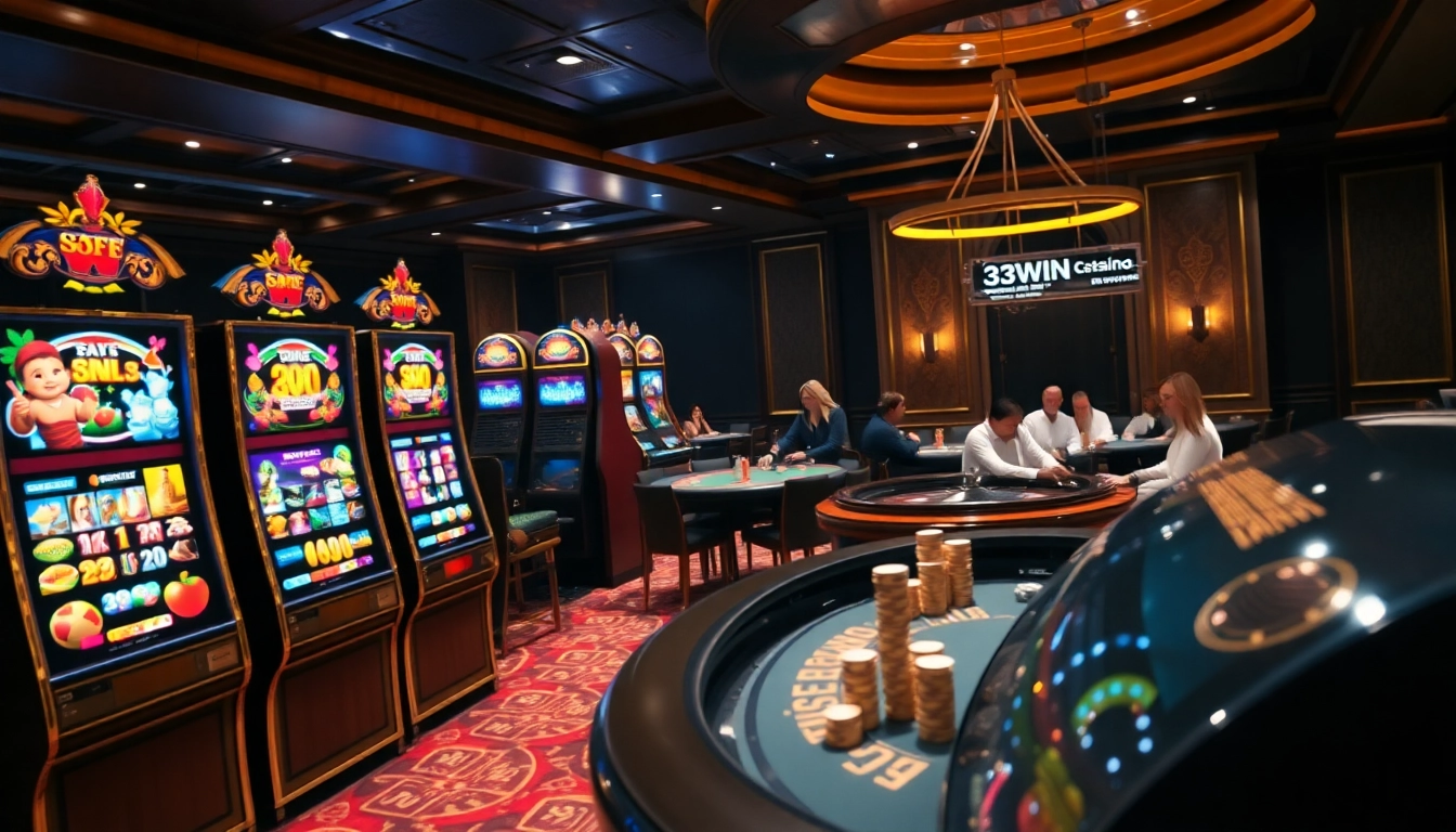 Experience the thrill of 33WIN with luxurious casino elements like poker chips and a roulette wheel.