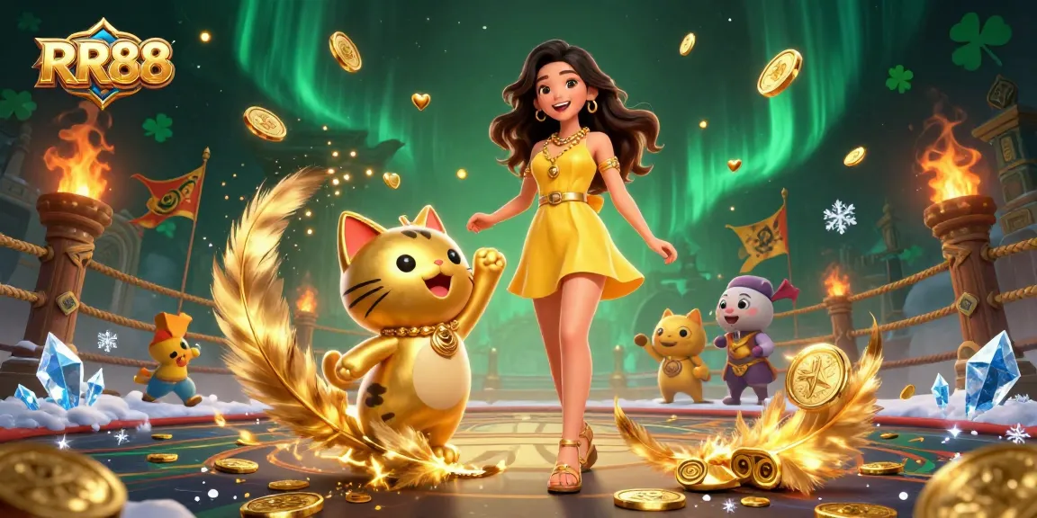 Experience amazing wins at RR88 with vibrant casino elements and a charming lucky cat mascot.
