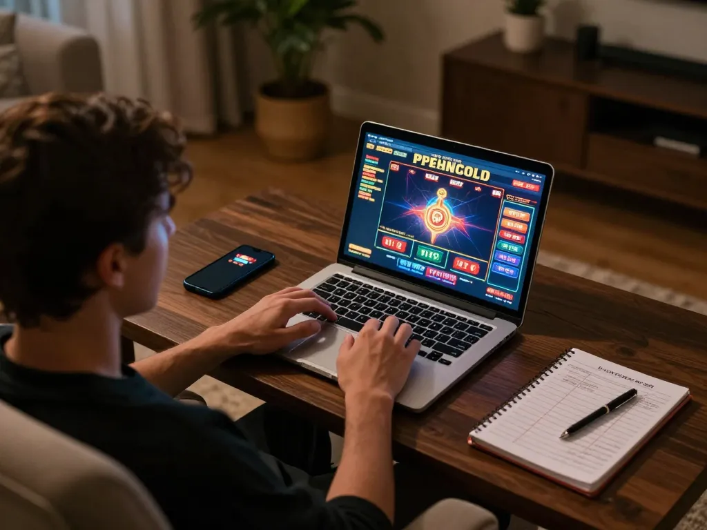 Player engaging in online gambling at home using god55 app, showcasing a cozy gaming setup