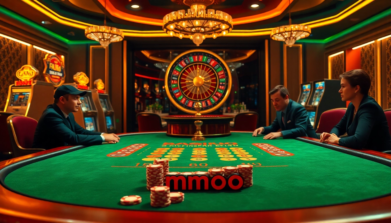 Players enjoying a high-stakes poker game at MMOO's luxurious casino table.