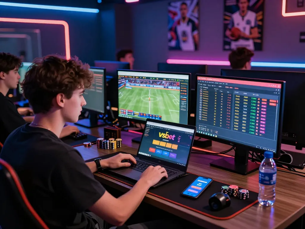 Young gamer engaging with the Vsbet betting platform in a vibrant gaming room.