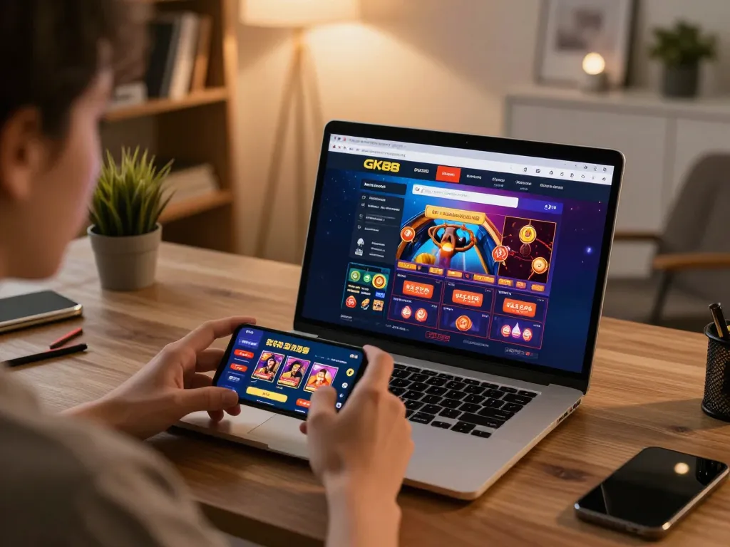Engaging in online gaming on GK88 platform features a laptop and smartphone.