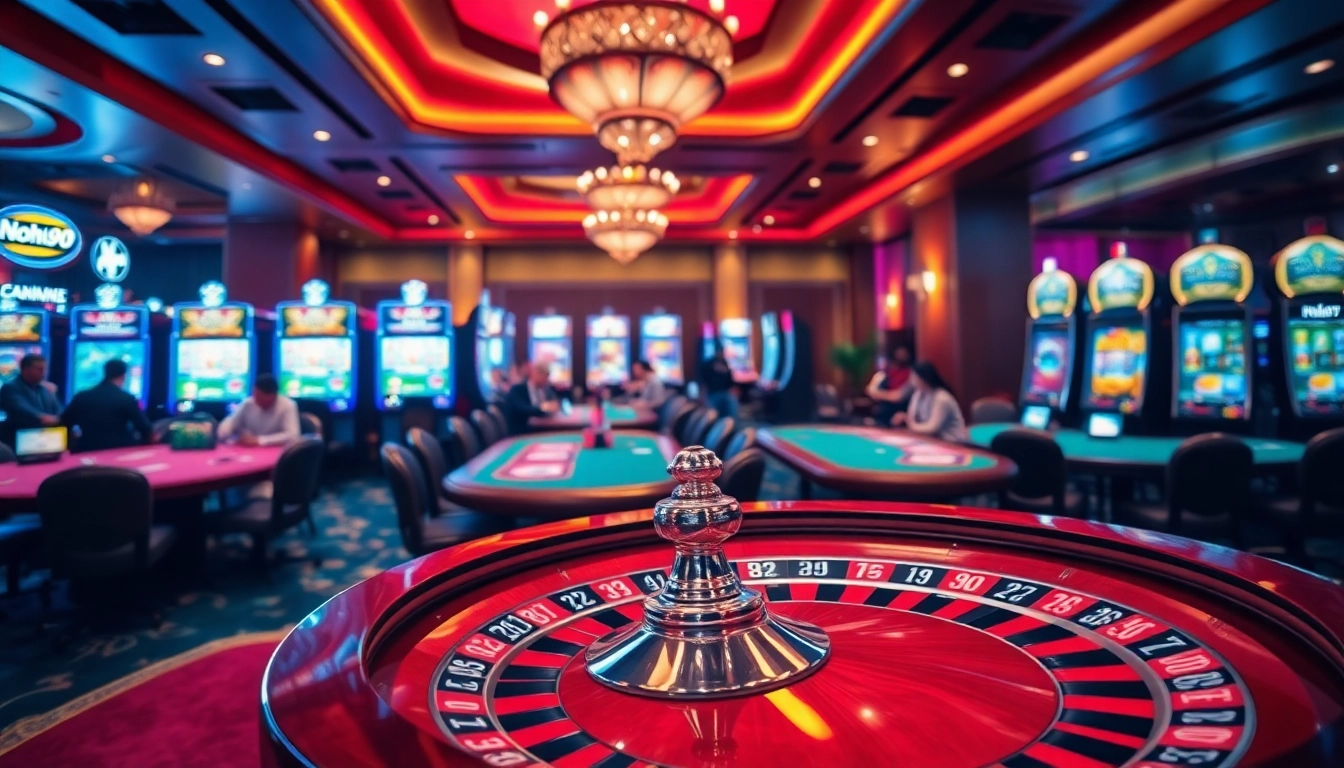 Nohu90 players enjoying classic casino games at a luxurious gambling venue.