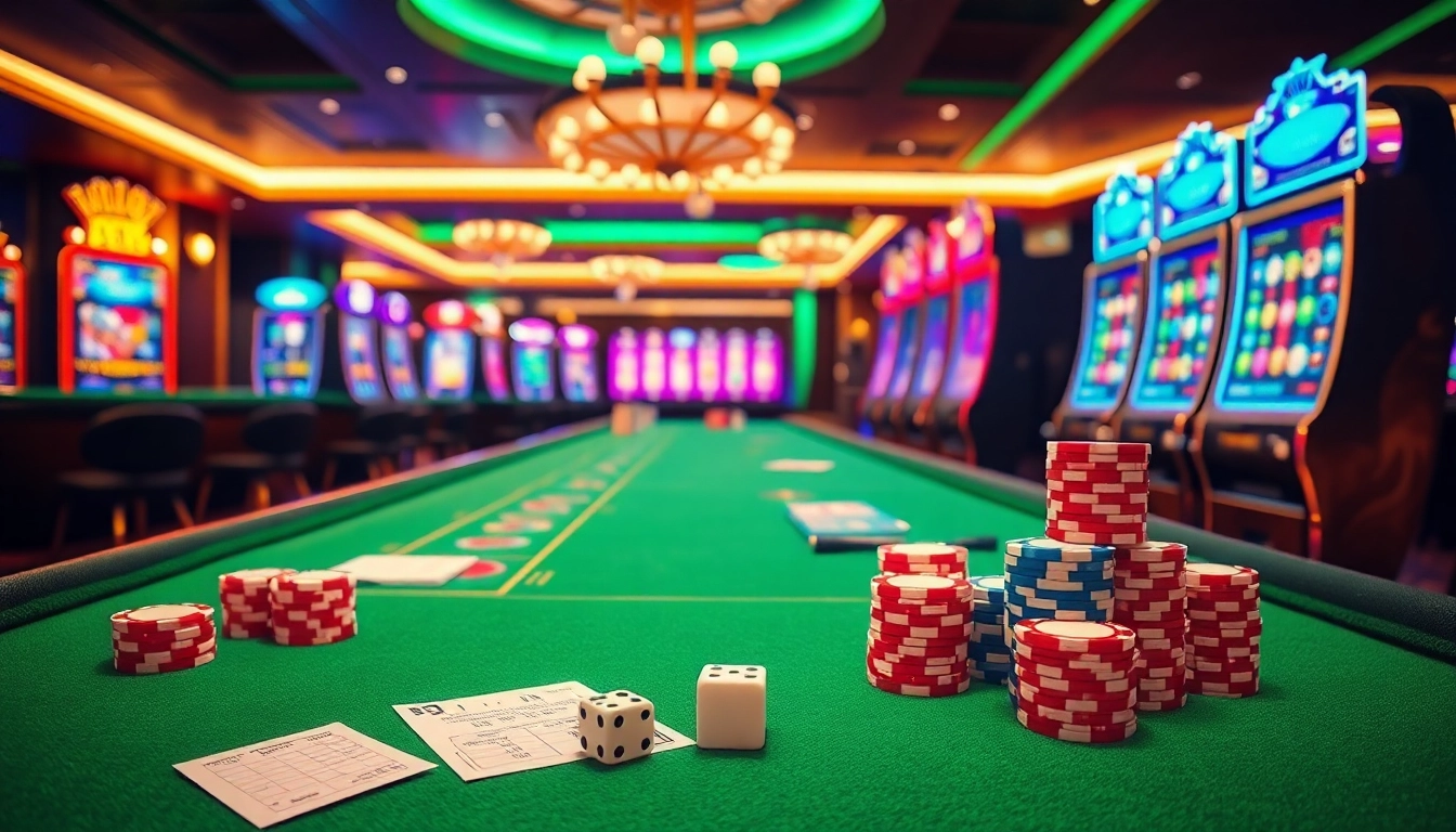 Experience the excitement of gambling at AX88, showcasing vibrant poker chips and luxurious casino tables.