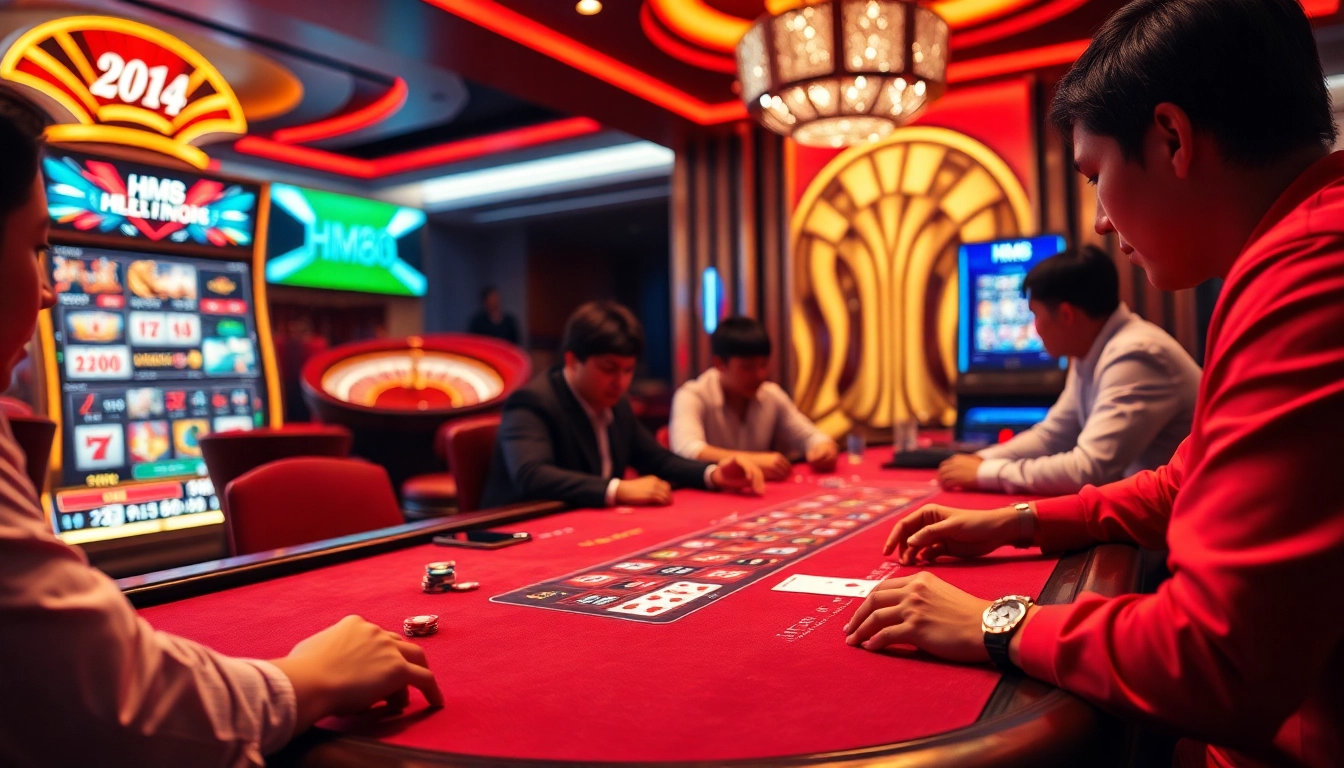 Experience thrilling moments playing HM88 at a luxurious casino poker table with vibrant chips and cards.