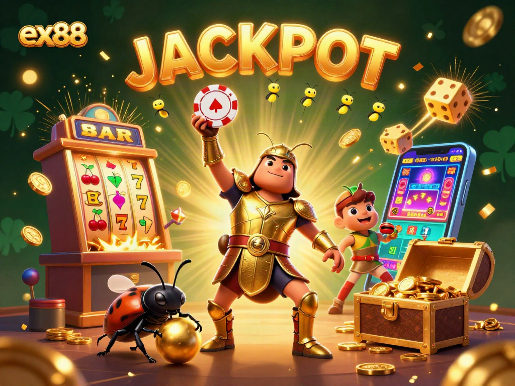 Experience the thrill of winning with ex88 in this vibrant casino-themed illustration featuring cartoon characters.