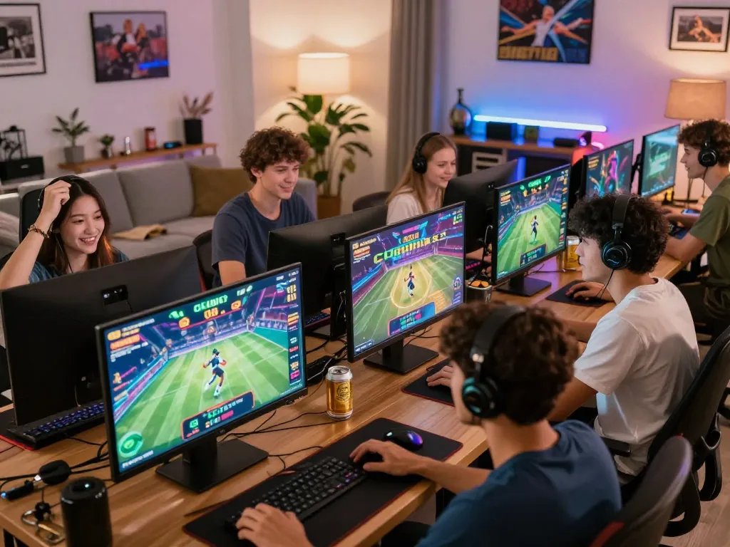 Engaged players enjoying the QE8.BEER online betting platform in a vibrant gaming scene