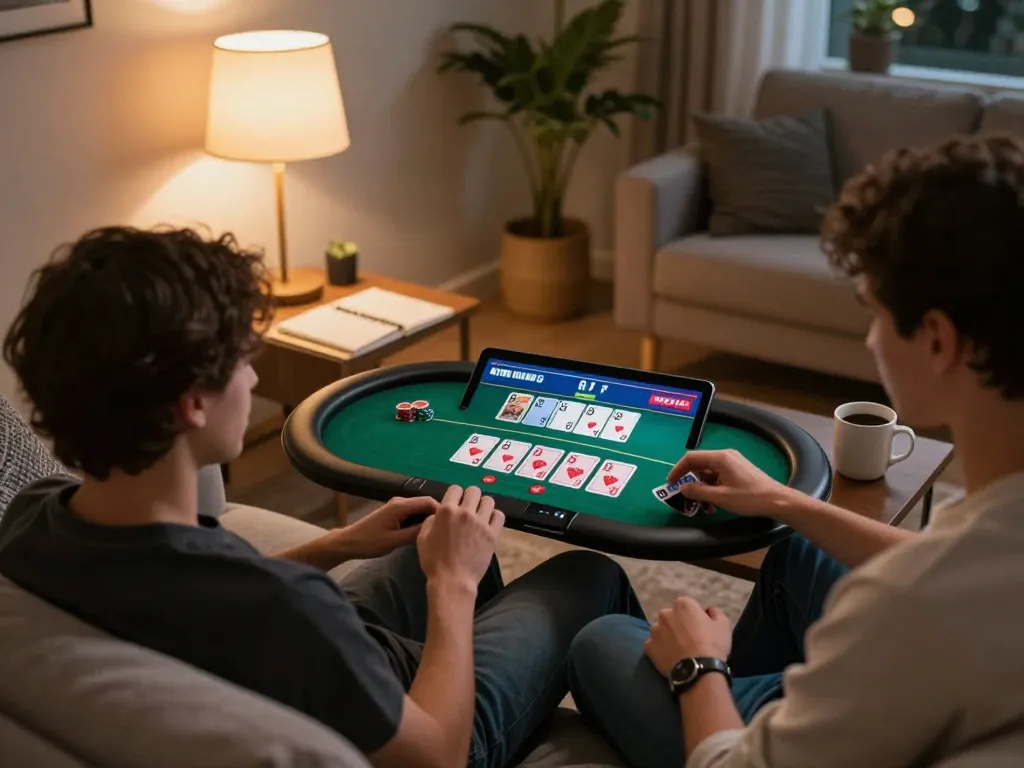 KJC online gaming experience in cozy home setting with engaging poker action on tablet.