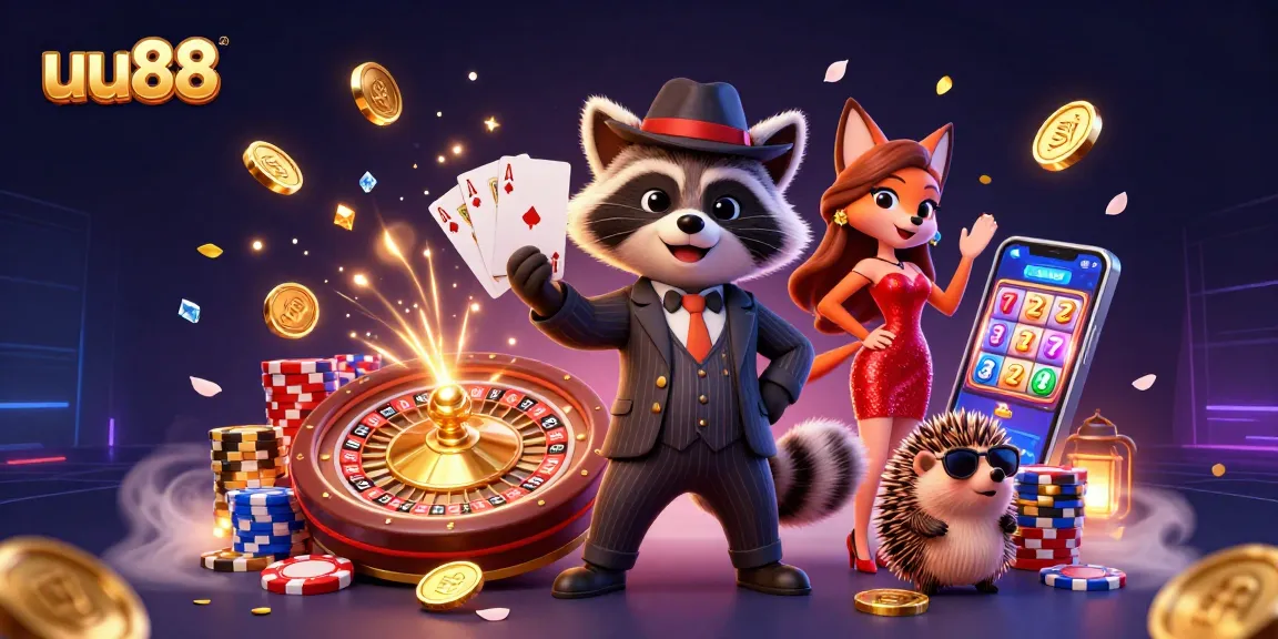 Experience the thrill of uu88 with characters celebrating a jackpot featuring coins, gems, and a royal flush.