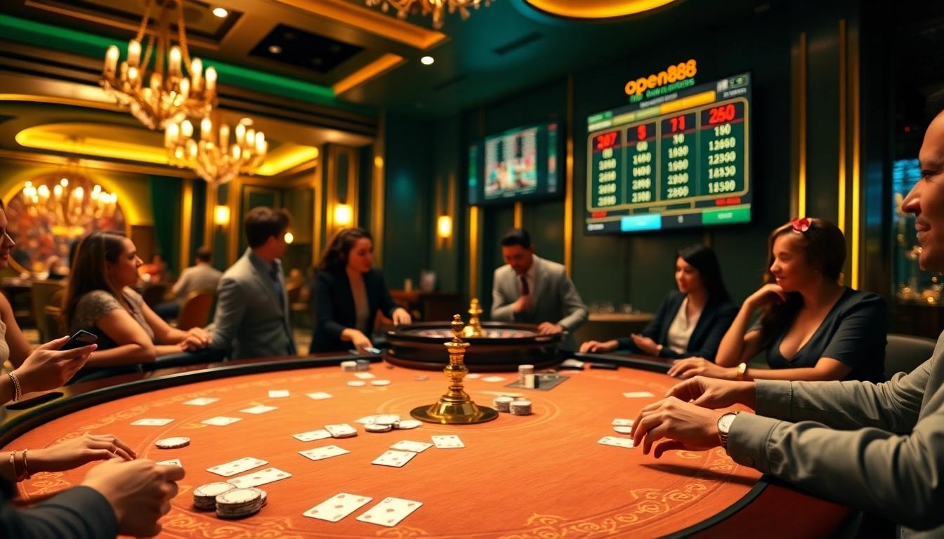 Players engage in thrilling card games at open88’s luxurious casino table, featuring vibrant chips and warm lighting.