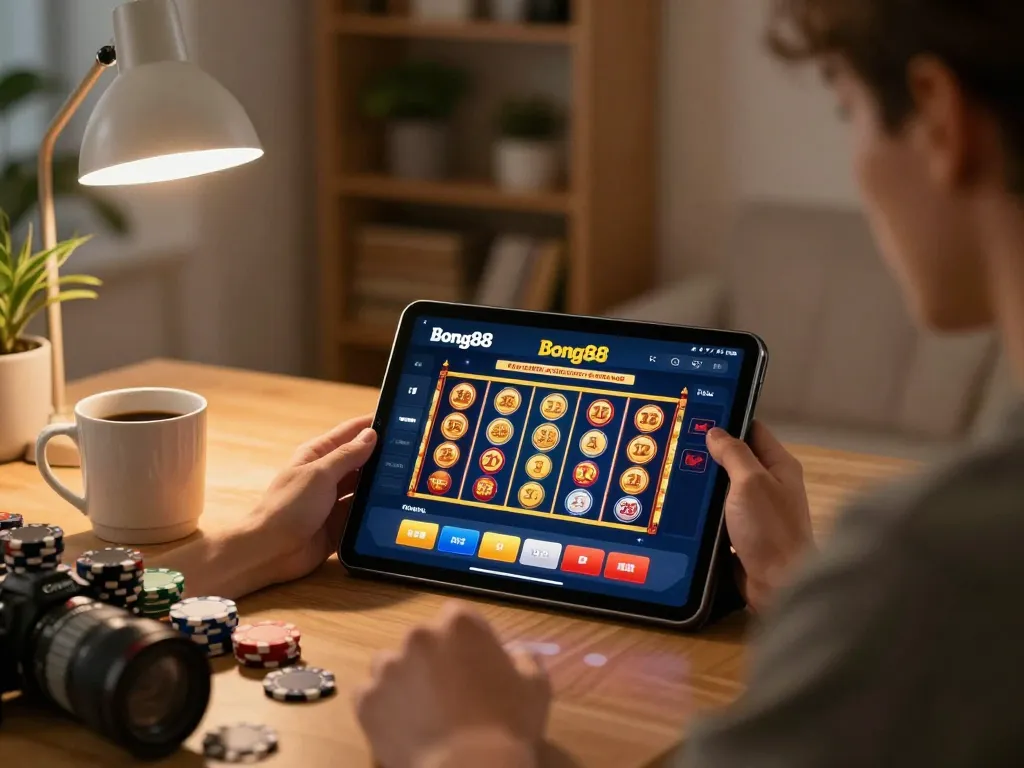 Engaging in online casino slots at home using the bong88 app on a tablet with cozy ambiance