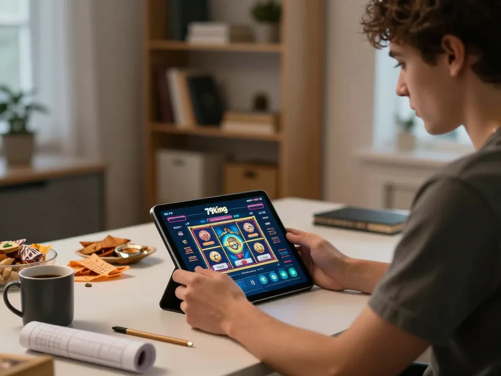 Engaging with 79king com on a tablet in a cozy gaming setup, highlighting the thrill of online gambling.
