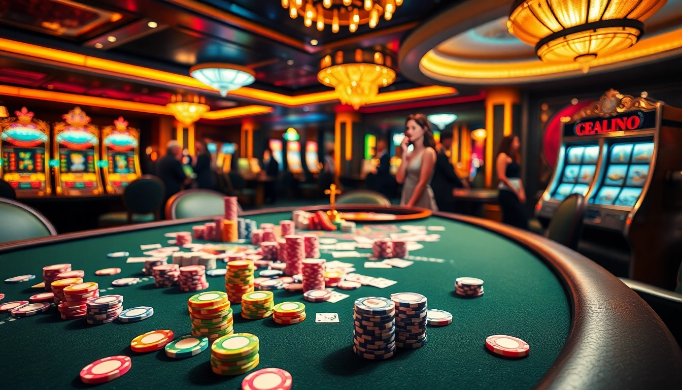 A captivating scene at luck8's casino, featuring colorful chips, cards, and a roulette wheel.
