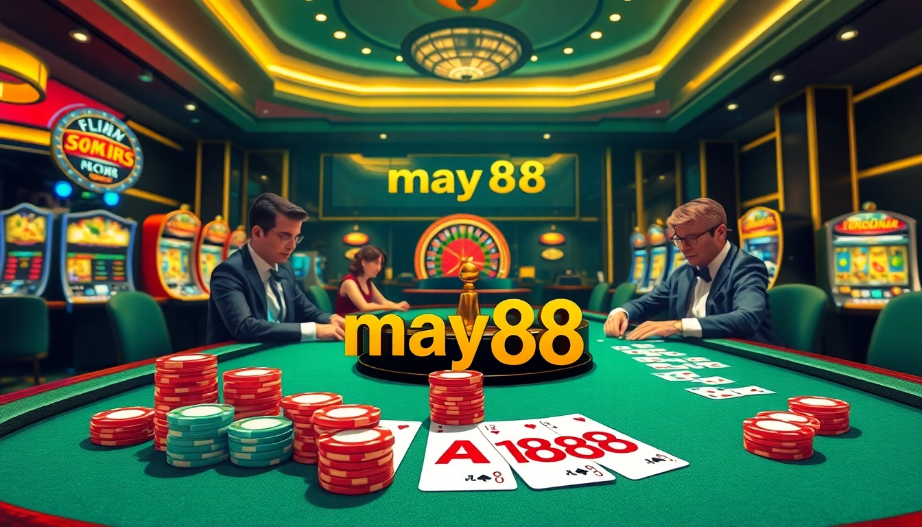 Experience high-stakes excitement at may88's poker table with vibrant chips and cards.