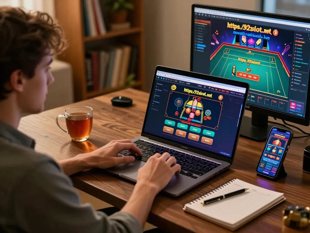 Player engaging with online games at https://92slot.net/ from a cozy home setup with gaming strategy notes.