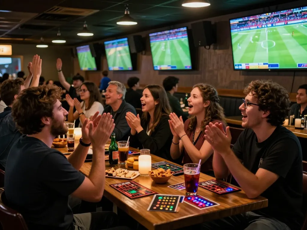 Fans celebrating kết quả bóng đá during a lively sports betting event at a crowded sports bar