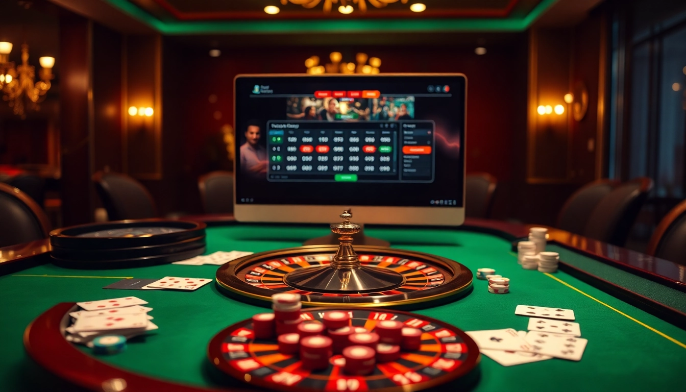 Lodetructuyen online gambling setup featuring a roulette wheel and poker chips, creating an exciting casino atmosphere.