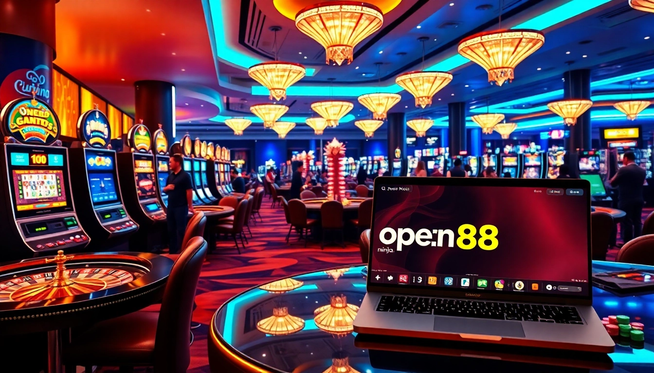 A thrilling gaming scene at open88.ninja showcasing vibrant slot machines and an interactive online gambling interface.