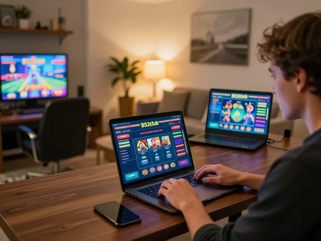 b52club player engaging with online gaming interface on a laptop in a stylish home environment