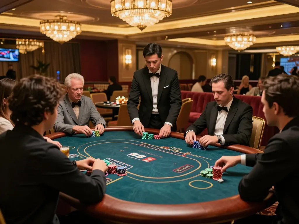 Players at king88's VIP poker table strategizing their bets in a luxurious casino environment.