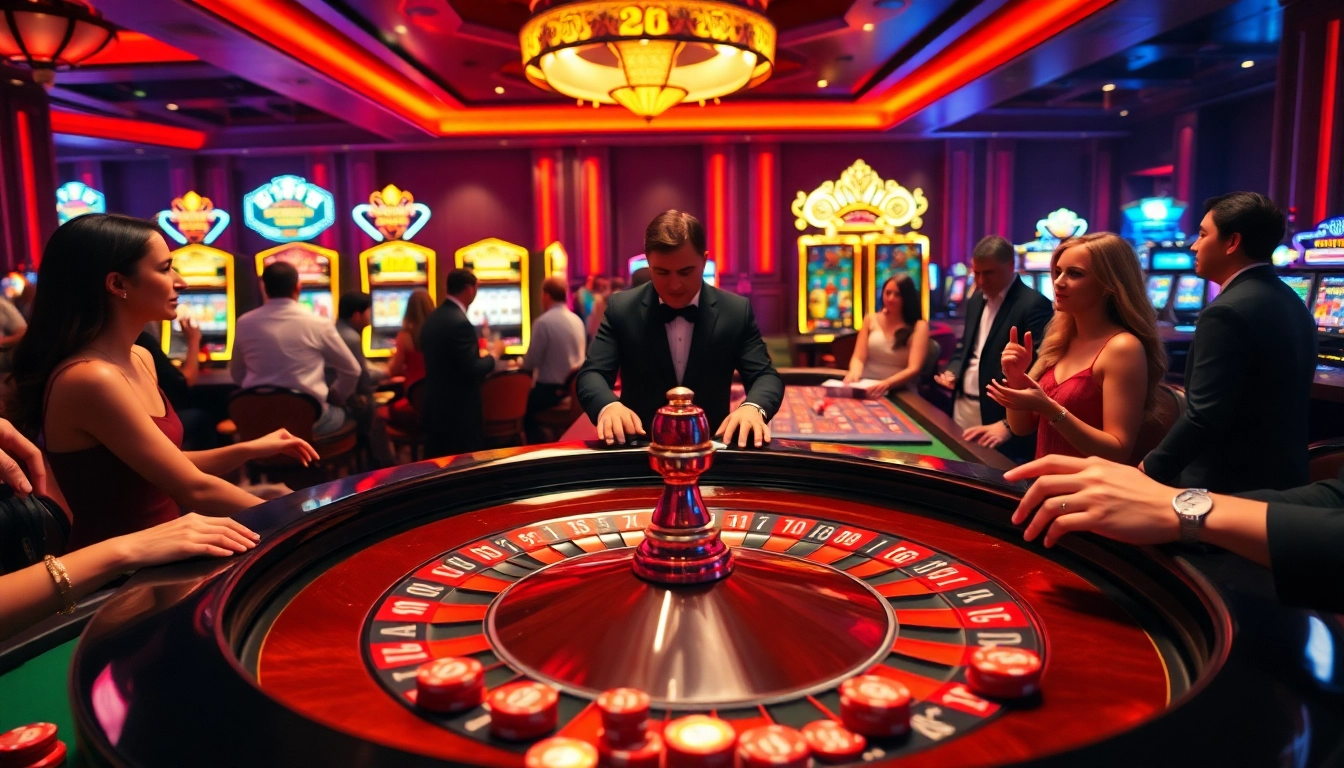 Players enjoying games at 78win’s vibrant casino, showcasing excitement and luxury.