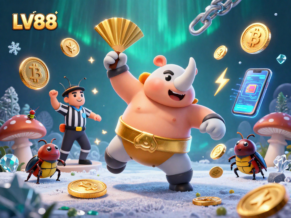 Experience thrilling LV88 gaming with a vibrant illustration of a sumo champion beetle in action.