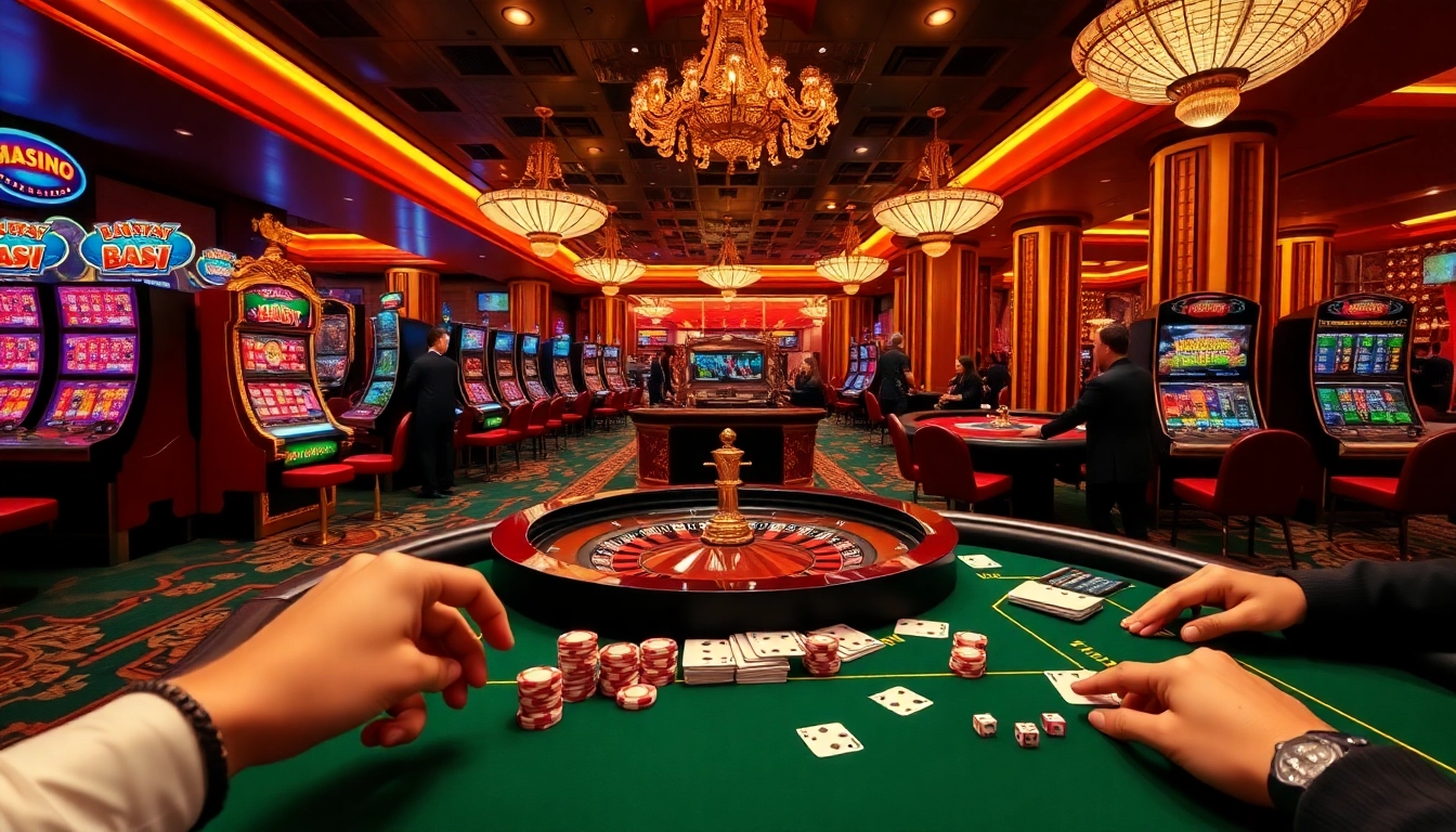 Vibrant HZ88 casino scene showcasing slot machines, poker chips, and engaged players.