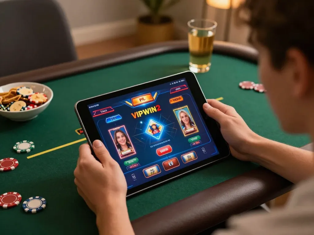 Engaging with the VIPWIN2 app during an exciting online gaming session in a cozy home environment.