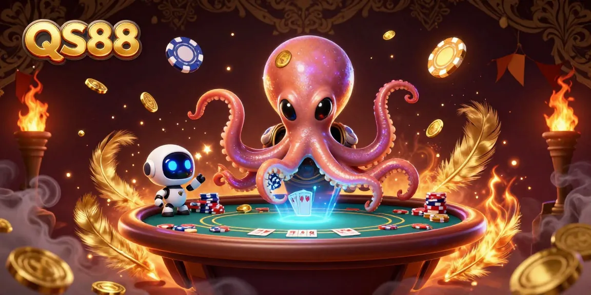 Engage in thrilling poker action with QS88 at a holographic table in a cosmic setting
