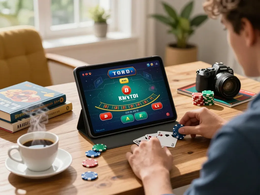 Player engaging with iwin blackjack game on tablet amidst cozy home setup, showing strategic betting.