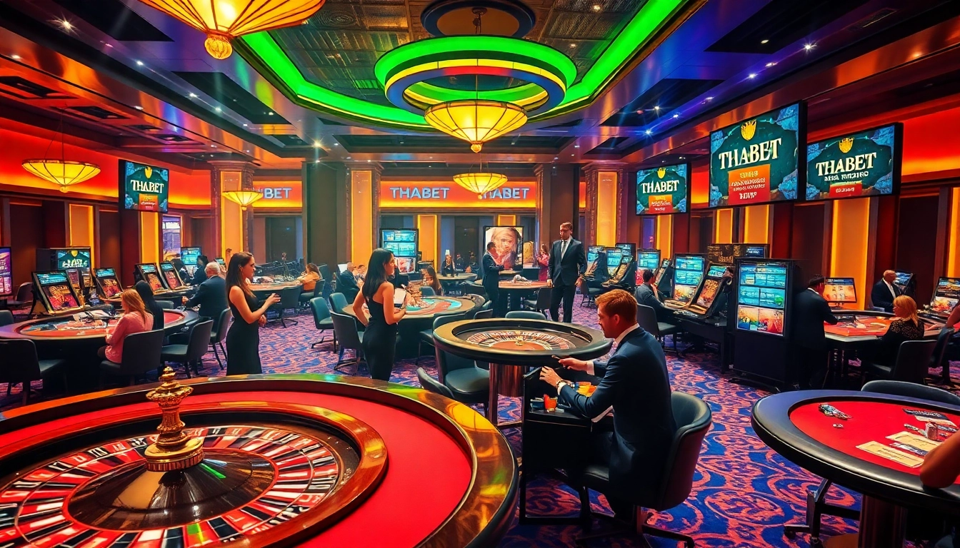 Experience gambling excitement at THABET with players at roulette and poker tables, showcasing vibrant casino life.