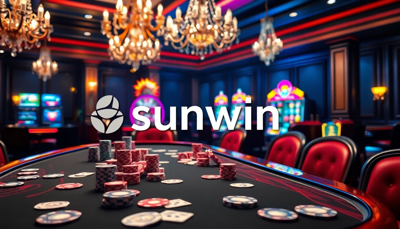 Engage in a thrilling Sunwin experience at a luxurious casino table with colorful chips and dynamic gaming.