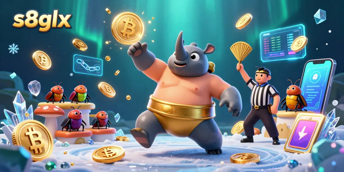 Witness the excitement at s8glx casino with a dynamic 3D scene of beetles and cryptocurrency elements.