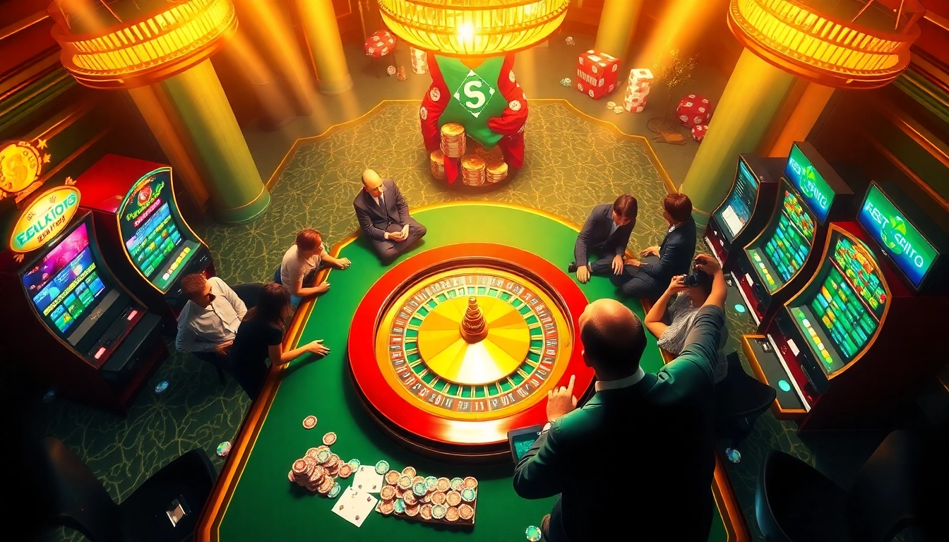 Players enjoying lively games at a casino with SC88 betting slips and vibrant poker chips.